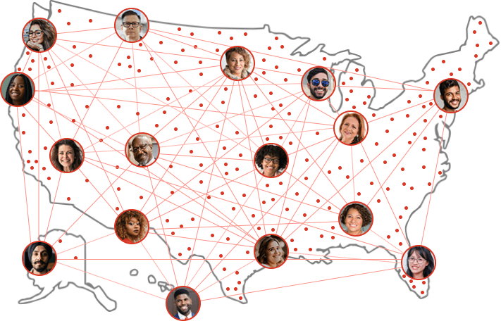 A map of the United States with faces in locations around the country, interconnected by red lines.