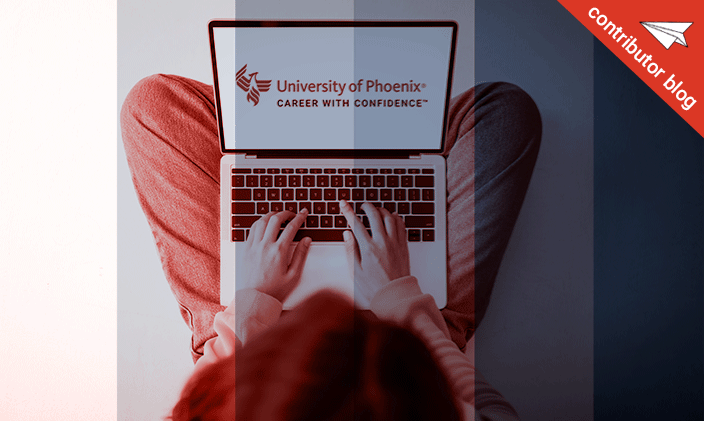 Student typing at a laptop with "University of Phoenix" on the screen to signify a day in the life of a UOPX student