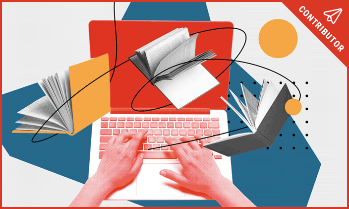 Colorful graphic of man starting to apply to University of Phoenix on a laptop