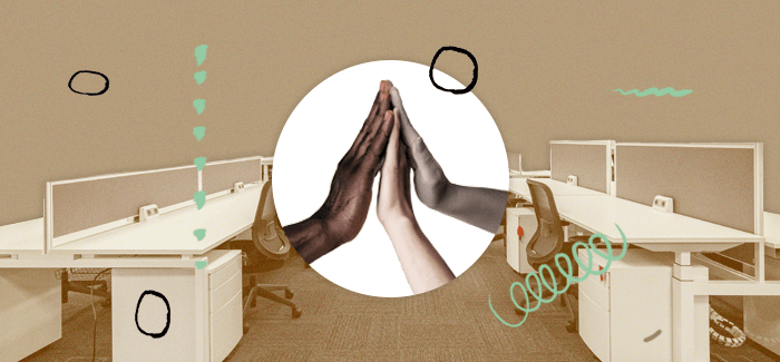 Three diverse hands pressing together collaged with office desk setup with multiple workstations.
