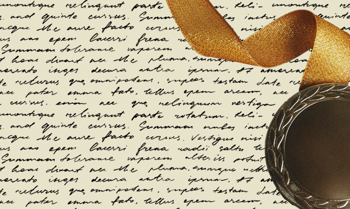 A gold medal with a gold ribbon is in the left-hand side of the frame against a cream background with scripted words.