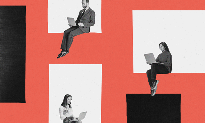 Three white blocks against a red background with a person sitting in each block holding an open laptop.