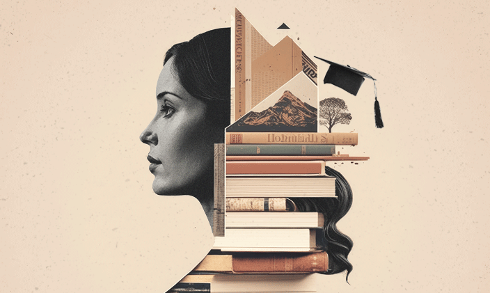 Side profile of a woman's face in black and white with a stack of books and a diploma behind her head.