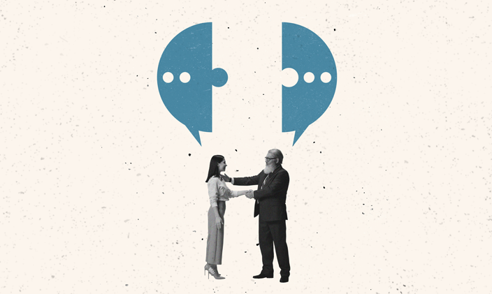 A man and a woman facing one another, each extending an arm in a greeting. A blue text bubble appears above each person.