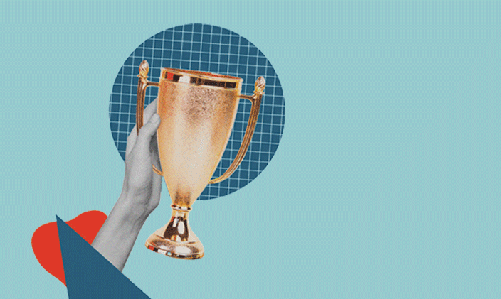 One hand outstretched holding a large gold trophy against a teal and blue background.