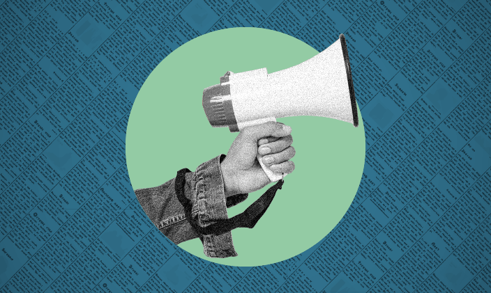 Hand extended holding a megaphone against a blue and teal background.