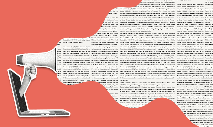An open laptop with a hand emerging and holding a megaphone with a large text bubble coming out of it.