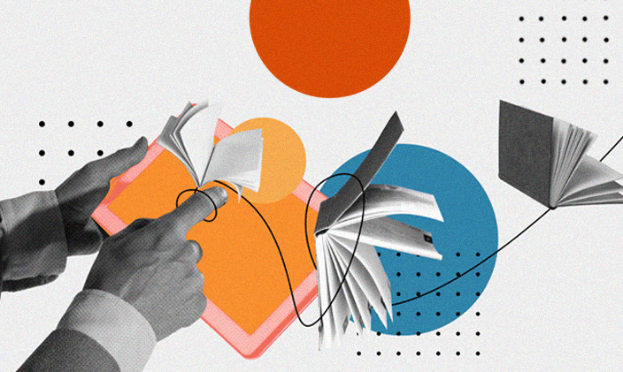 A hand holding an open book and pointing to page, representing a study on online course rigor.