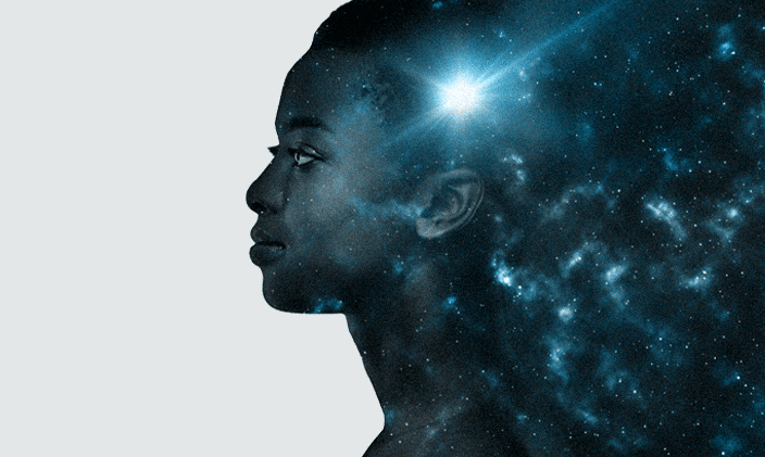 Side profile of a woman with illumination at her temple representing the 2026 Knowledge Without Boundaries Summit