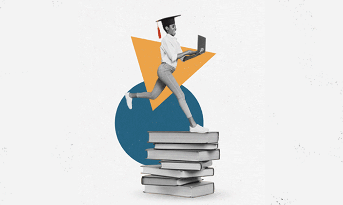 A graduate stepping over a pile of books representing graduate employability in higher education.