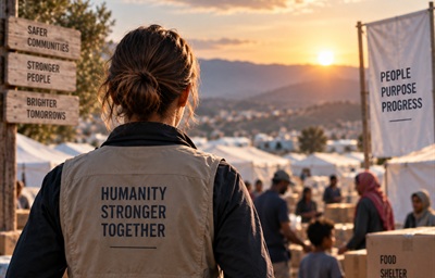 Female in the foreground looking on at humanitarian group aid