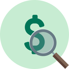 Illustration of a magnifying glass over a dollar sign, depicting price transparency